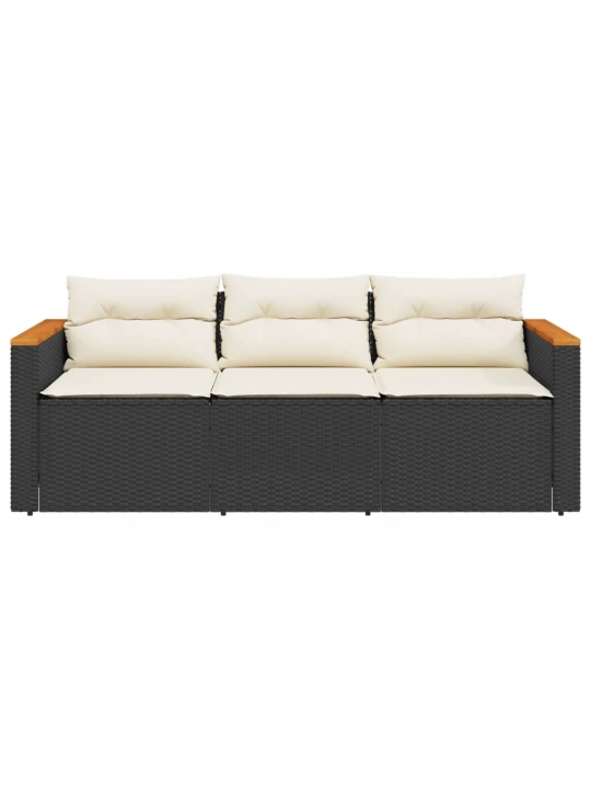 Trivietė sodo sofa su pagalvėlėmis, juodos spalvos, poliratanas