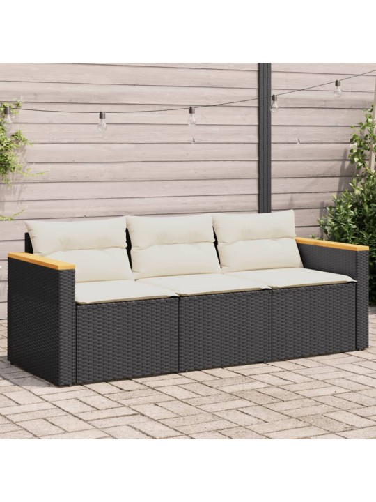 Trivietė sodo sofa su pagalvėlėmis, juodos spalvos, poliratanas
