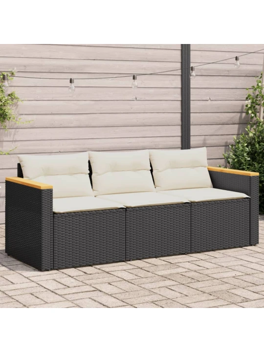 Trivietė sodo sofa su pagalvėlėmis, juodos spalvos, poliratanas