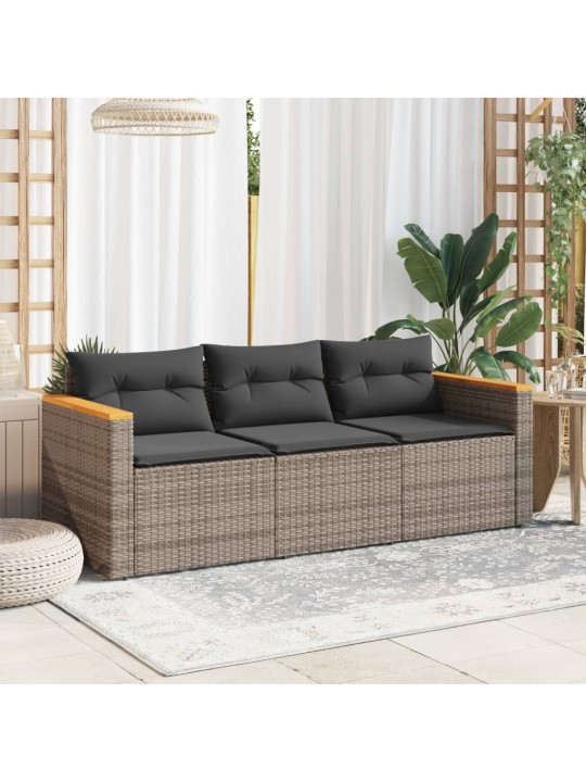 Trivietė sodo sofa su pagalvėlėmis, pilkos spalvos, poliratanas