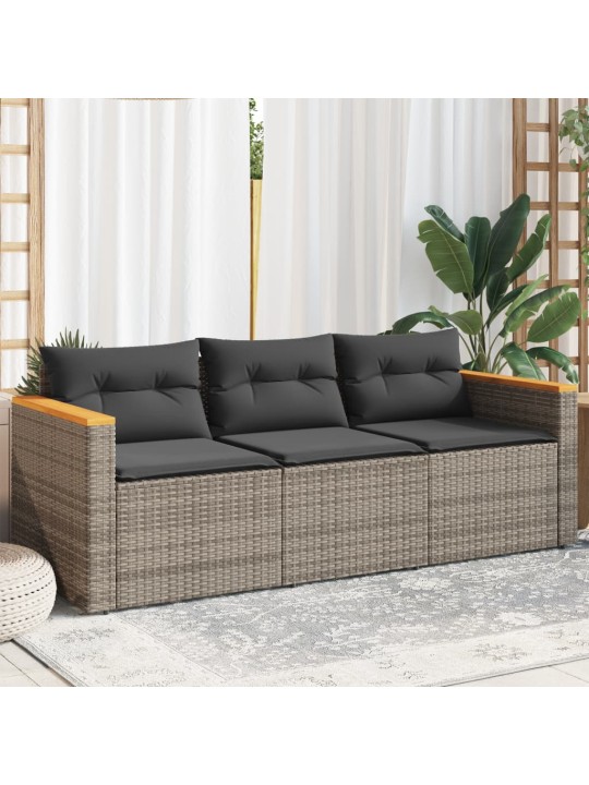 Trivietė sodo sofa su pagalvėlėmis, pilkos spalvos, poliratanas