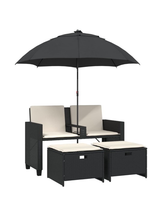 Dvivietė sodo sofa su skėčiu/taburetėmis, juoda, poliratanas