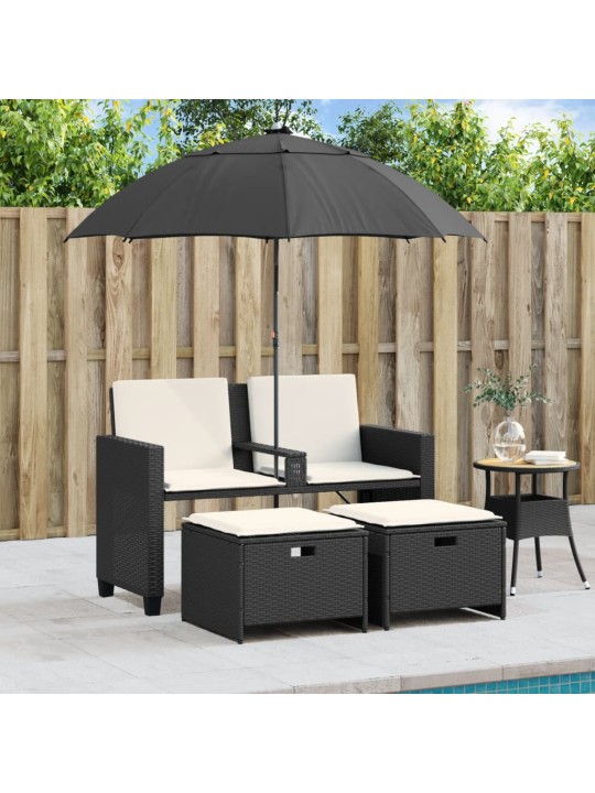 Dvivietė sodo sofa su skėčiu/taburetėmis, juoda, poliratanas