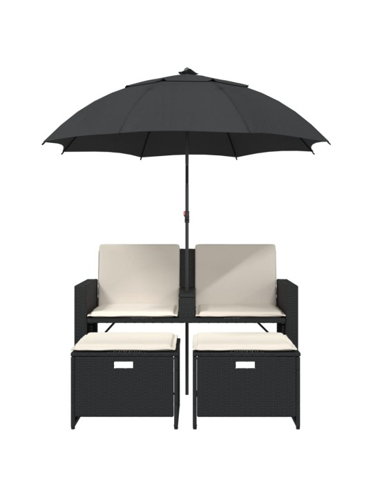 Dvivietė sodo sofa su skėčiu/taburetėmis, juoda, poliratanas