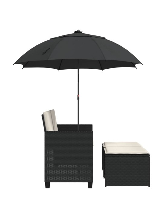 Dvivietė sodo sofa su skėčiu/taburetėmis, juoda, poliratanas