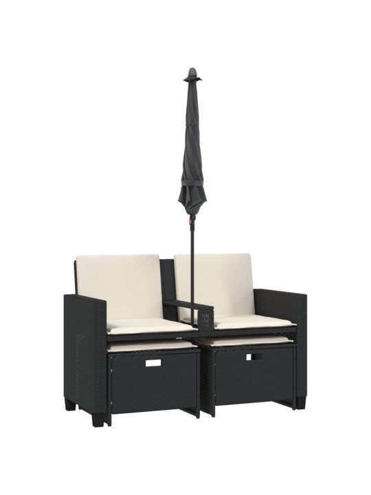 Dvivietė sodo sofa su skėčiu/taburetėmis, juoda, poliratanas