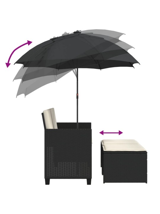 Dvivietė sodo sofa su skėčiu/taburetėmis, juoda, poliratanas