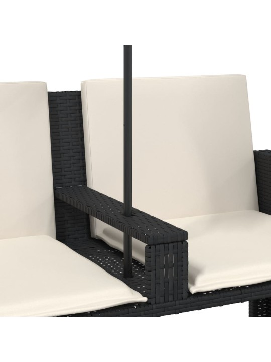 Dvivietė sodo sofa su skėčiu/taburetėmis, juoda, poliratanas