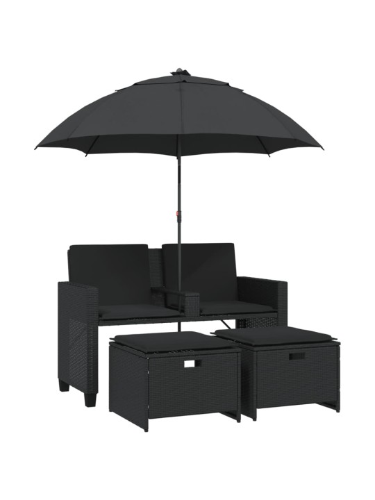 Dvivietė sodo sofa su skėčiu/taburetėmis, juoda, poliratanas