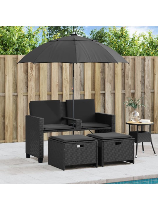 Dvivietė sodo sofa su skėčiu/taburetėmis, juoda, poliratanas