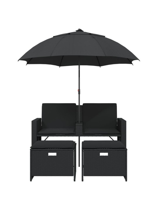 Dvivietė sodo sofa su skėčiu/taburetėmis, juoda, poliratanas