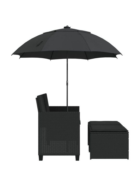 Dvivietė sodo sofa su skėčiu/taburetėmis, juoda, poliratanas