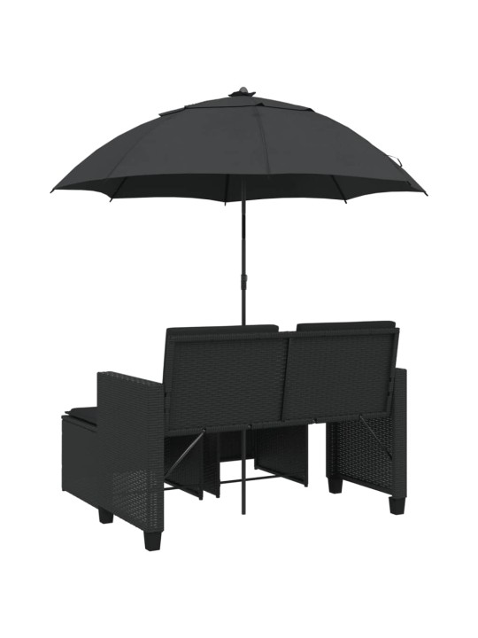 Dvivietė sodo sofa su skėčiu/taburetėmis, juoda, poliratanas