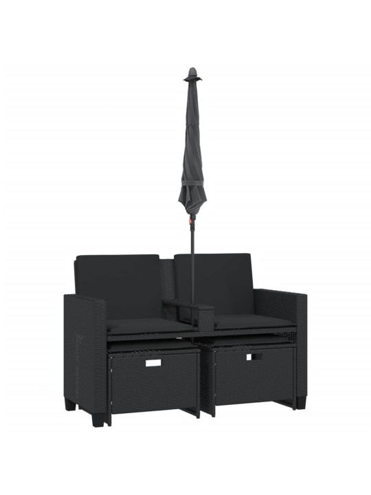 Dvivietė sodo sofa su skėčiu/taburetėmis, juoda, poliratanas