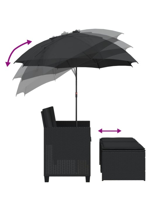 Dvivietė sodo sofa su skėčiu/taburetėmis, juoda, poliratanas