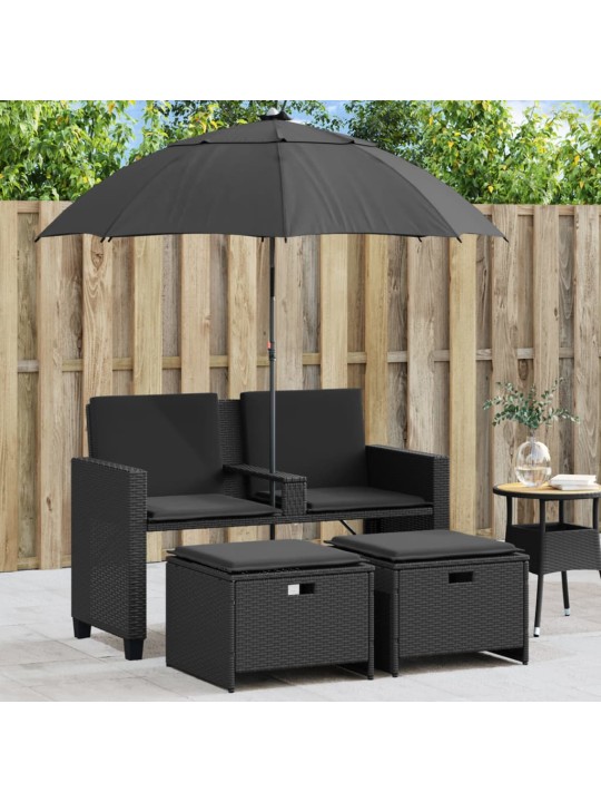 Dvivietė sodo sofa su skėčiu/taburetėmis, juoda, poliratanas