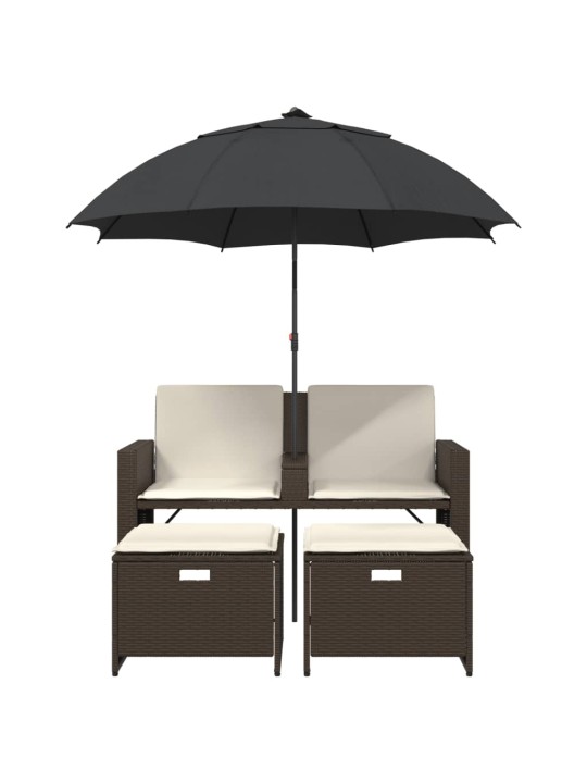 Dvivietė sodo sofa su skėčiu/taburetėmis, ruda, poliratanas