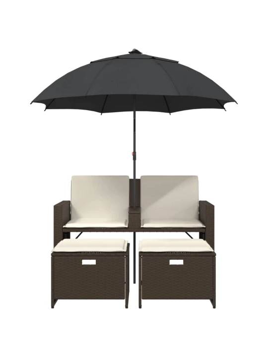 Dvivietė sodo sofa su skėčiu/taburetėmis, ruda, poliratanas