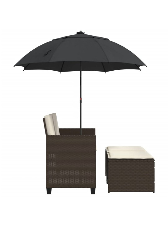 Dvivietė sodo sofa su skėčiu/taburetėmis, ruda, poliratanas
