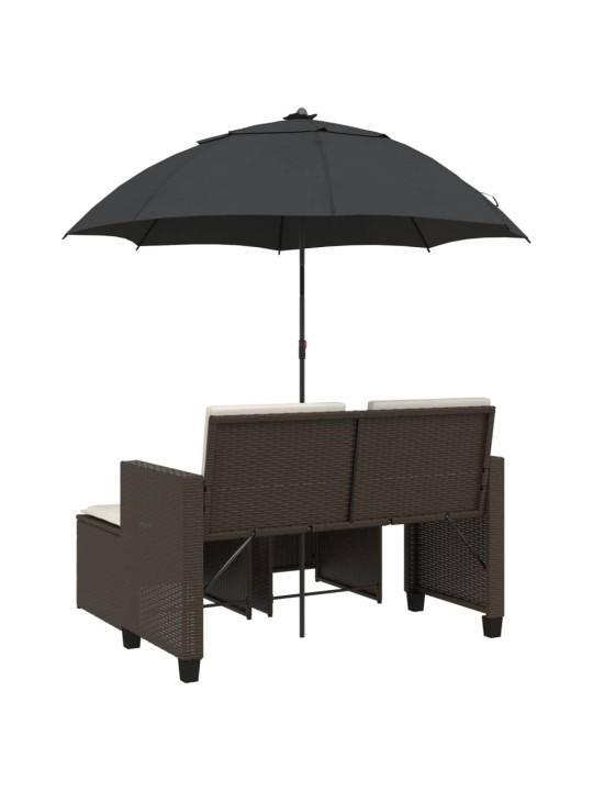 Dvivietė sodo sofa su skėčiu/taburetėmis, ruda, poliratanas