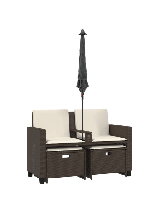 Dvivietė sodo sofa su skėčiu/taburetėmis, ruda, poliratanas