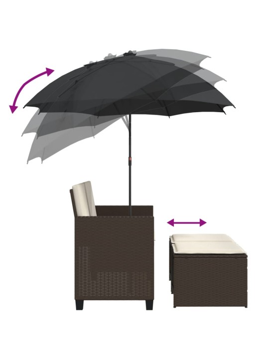 Dvivietė sodo sofa su skėčiu/taburetėmis, ruda, poliratanas