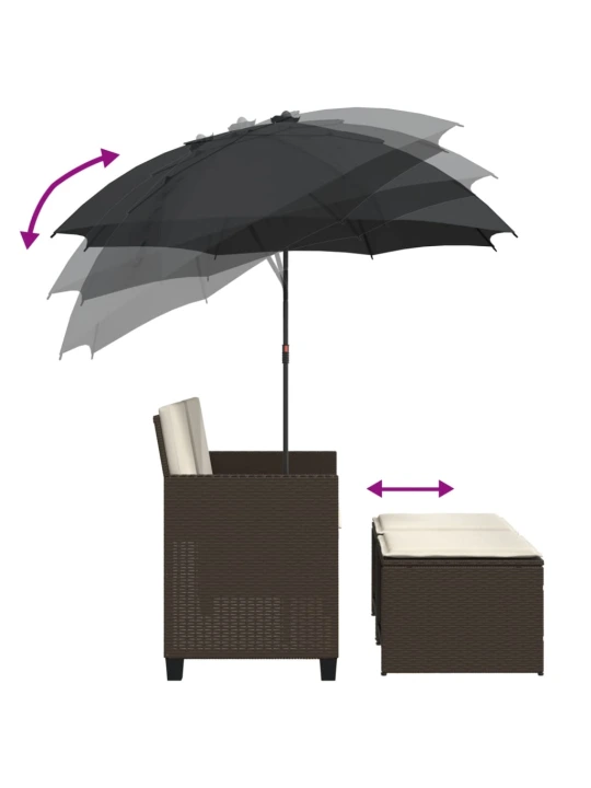 Dvivietė sodo sofa su skėčiu/taburetėmis, ruda, poliratanas