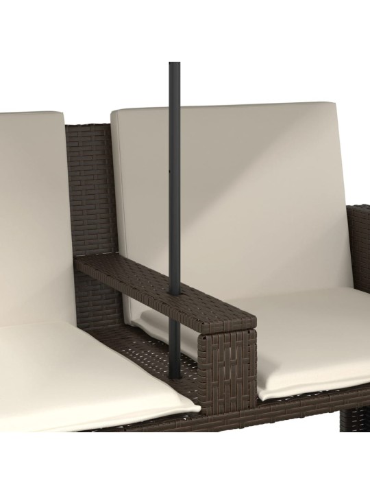 Dvivietė sodo sofa su skėčiu/taburetėmis, ruda, poliratanas