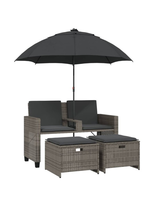 Dvivietė sodo sofa su skėčiu/taburetėmis, pilka, poliratanas