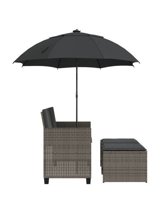 Dvivietė sodo sofa su skėčiu/taburetėmis, pilka, poliratanas