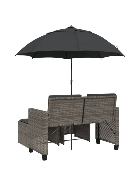 Dvivietė sodo sofa su skėčiu/taburetėmis, pilka, poliratanas