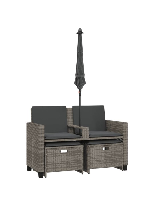 Dvivietė sodo sofa su skėčiu/taburetėmis, pilka, poliratanas