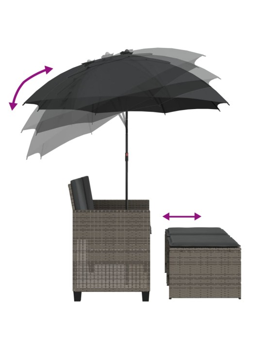 Dvivietė sodo sofa su skėčiu/taburetėmis, pilka, poliratanas