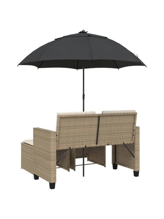 Dvivietė sodo sofa su skėčiu/taburetėmis, smėlio, poliratanas