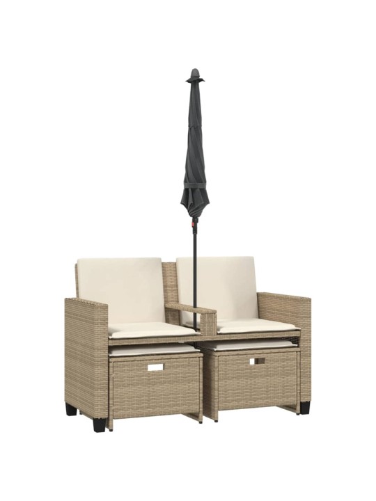 Dvivietė sodo sofa su skėčiu/taburetėmis, smėlio, poliratanas