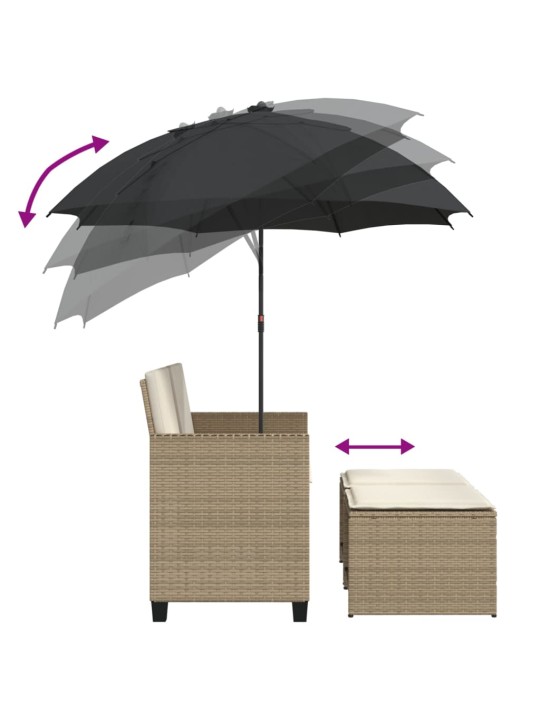Dvivietė sodo sofa su skėčiu/taburetėmis, smėlio, poliratanas