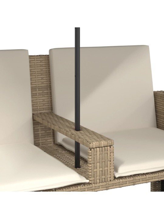 Dvivietė sodo sofa su skėčiu/taburetėmis, smėlio, poliratanas