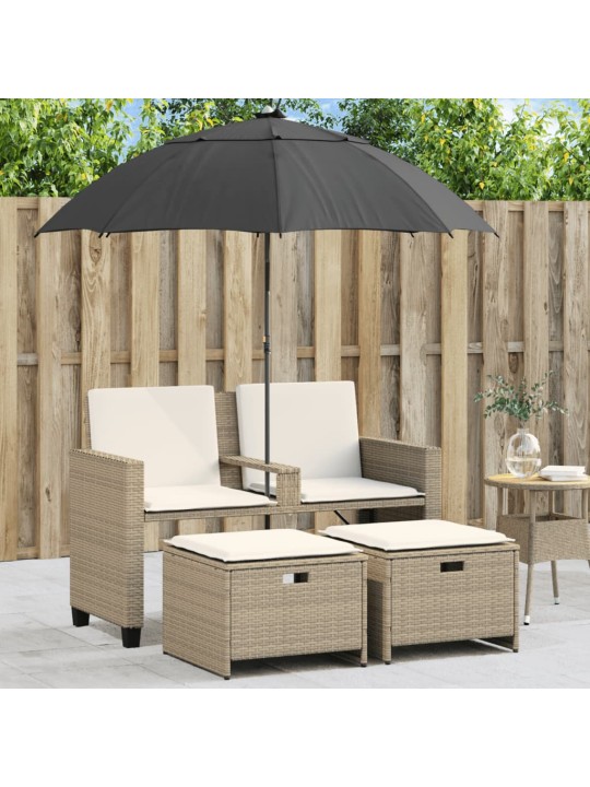 Dvivietė sodo sofa su skėčiu/taburetėmis, smėlio, poliratanas