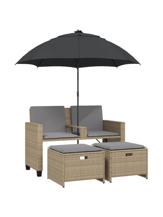 Dvivietė sodo sofa su skėčiu/taburetėmis, smėlio, poliratanas