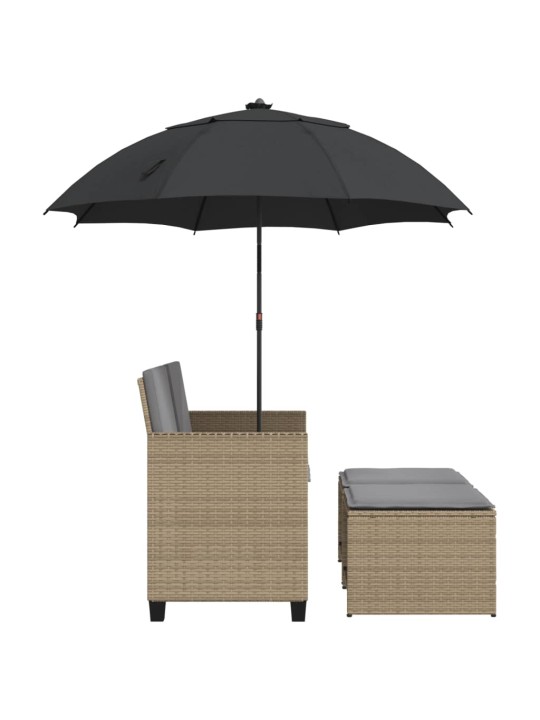Dvivietė sodo sofa su skėčiu/taburetėmis, smėlio, poliratanas