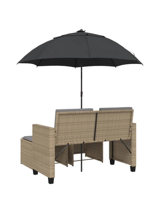 Dvivietė sodo sofa su skėčiu/taburetėmis, smėlio, poliratanas