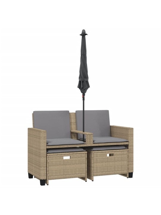 Dvivietė sodo sofa su skėčiu/taburetėmis, smėlio, poliratanas