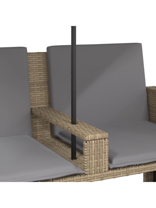Dvivietė sodo sofa su skėčiu/taburetėmis, smėlio, poliratanas