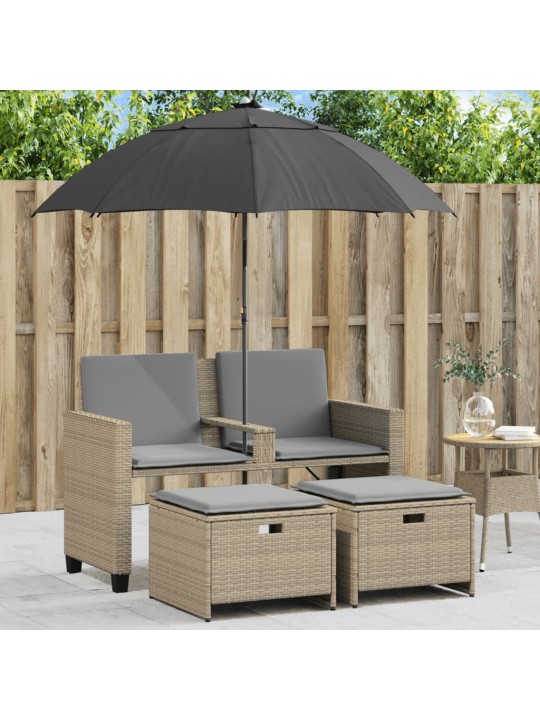Dvivietė sodo sofa su skėčiu/taburetėmis, smėlio, poliratanas