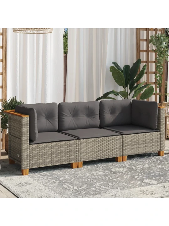 Trivietė sodo sofa su pagalvėlėmis, pilkos spalvos, poliratanas
