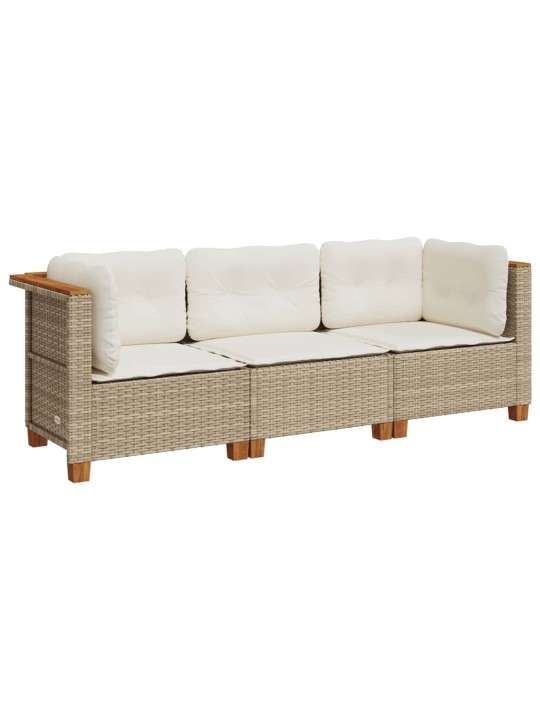 Trivietė sodo sofa su pagalvėlėmis, smėlio spalvos, poliratanas