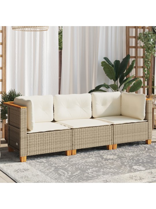 Trivietė sodo sofa su pagalvėlėmis, smėlio spalvos, poliratanas