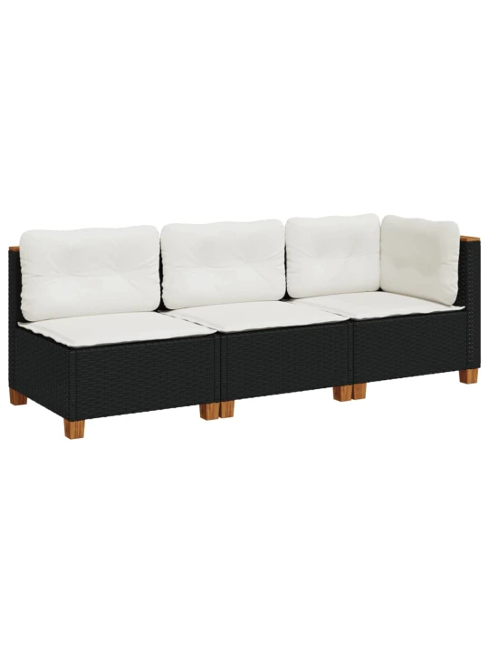 Trivietė sodo sofa su pagalvėlėmis, juodos spalvos, poliratanas