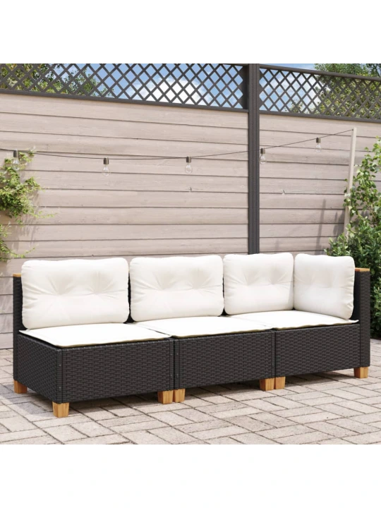 Trivietė sodo sofa su pagalvėlėmis, juodos spalvos, poliratanas