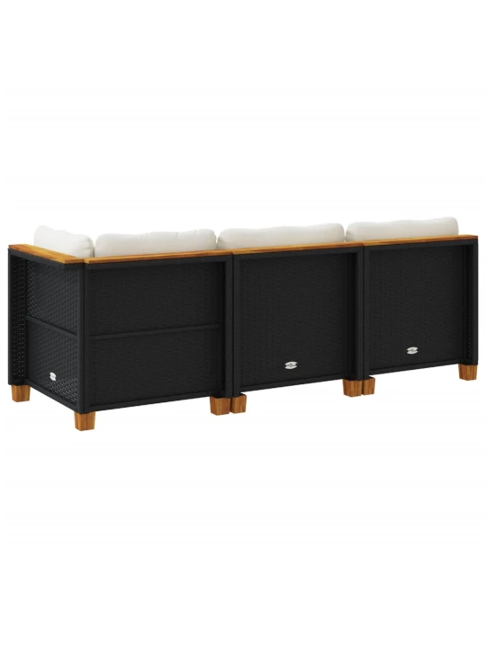 Trivietė sodo sofa su pagalvėlėmis, juodos spalvos, poliratanas